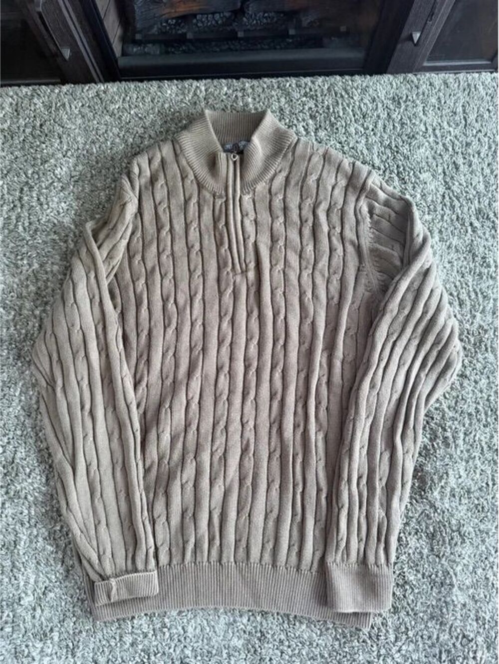 Lyle & Scott Scotland 100% Combed Cotton Beige Cable Knit Quarter-Zip Sweater L